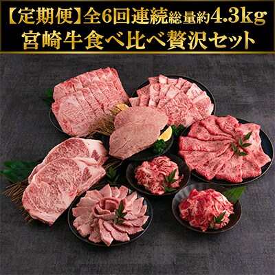 【毎月定期便】宮崎牛いろいろ部位食べ比べ贅沢セット総重量4.3kg【MI233】全6回