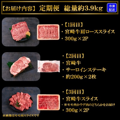 【毎月定期便】A4等級以上宮崎牛いろいろ部位食べ比べ贅沢セット総量約3.9kg【MI233】全6回
