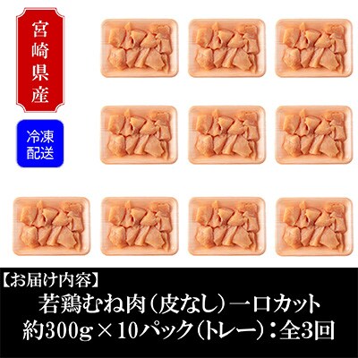 2023年6月発送開始『定期便』宮崎県産若鶏皮なしむね肉一口カット小分　連続全3回