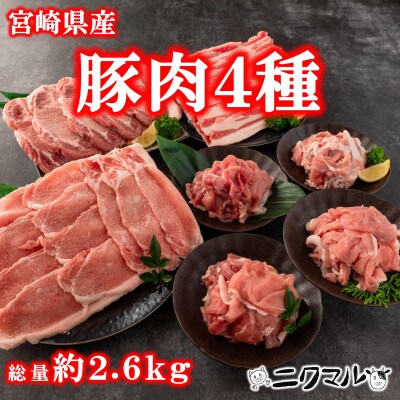 宮崎県産ブランドポーク　豚肉セット(バラ、ロース、ウデ、モモ)総量約2.6kg【MI279】