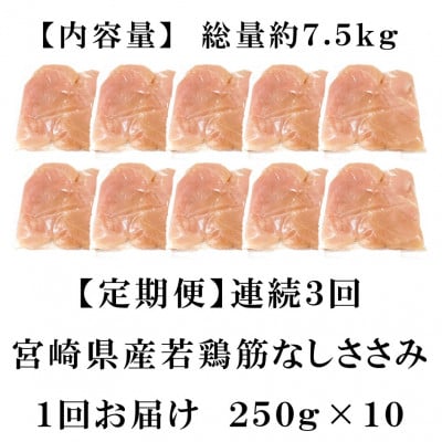 【毎月定期便】宮崎県産若鶏筋なしささみ 約2.5kg(250g×10)【MI794】(三股町)全3回