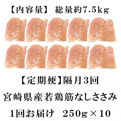【2ヵ月毎定期便】宮崎県産若鶏筋なしささみ約2.5kg(250g×10)【MI795】　三股町全3回
