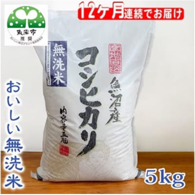 【毎月定期便】お米マイスター厳選 魚沼産コシヒカリ(無洗米)5kg全12回