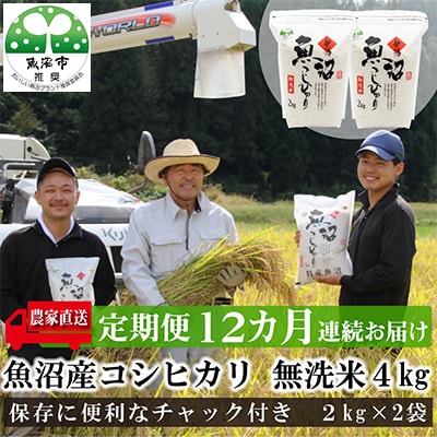 【毎月定期便】 農家直送!魚沼産コシヒカリ無洗米4kg (スタンド2kg×2個)全12回