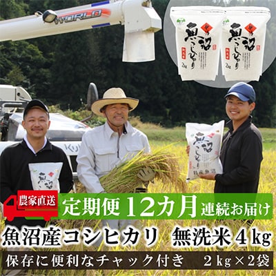 2022年10月発送開始『定期便』魚沼産コシヒカリ無洗米4kg (2kg×2個)全12回