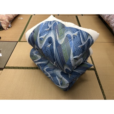 中級もめん綿入り布団　2枚　掛敷セット(お客様用におすすめ)向かい鶴柄青