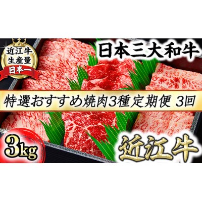 【毎月定期便】A4A5等級特選近江牛おすすめ部位 焼肉3種(1kg×3回)全3回