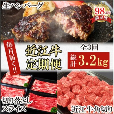 【毎月定期便】近江牛定期便　ハンバーグ/切り落とし/角切り(FO54)全3回