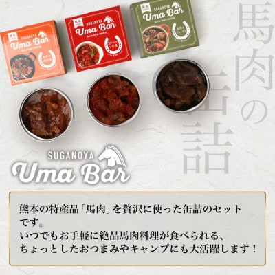 【UmaBar】馬肉缶詰 3種 9個セット<アヒージョ風・トマト煮・焼肉風>(多良木町)