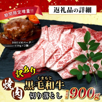 【先行受付】期間限定増量!くまもと黒毛和牛切り落とし600g+DREAMバーグ150g×2 多良木町
