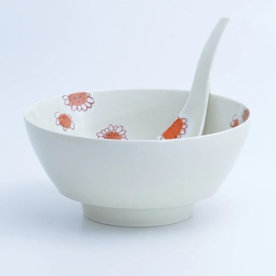 究極のラーメン鉢レンゲセット 赤釉菊灰釉菊 ペア 41APCD058