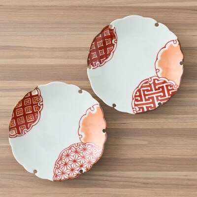 【有田焼】赤絵雪輪皿(地紋と麻の葉)2点セット [41APAD017]