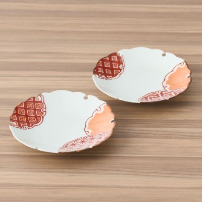 【有田焼】赤絵雪輪皿(地紋と麻の葉)2点セット [41APAD017]