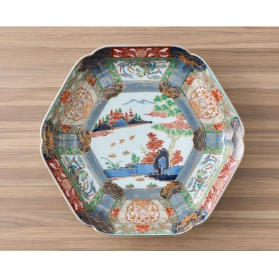 【有田焼】錦色絵古伊万里山水尺盛皿 約29cm [41APAD024]