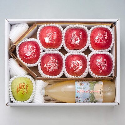 縁起の良い七福神をお届け【青森県産 七福神&ごあいさつりんご・ジュースセット】鮮度保持剤・保存袋付