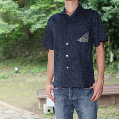 島田帯シャツ男性用　(近江ちぢみ・黒色・M)