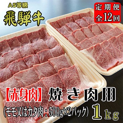2023年2月発送開始『定期便』A5等級飛騨牛【赤身肉】焼き肉用約1kg全12回