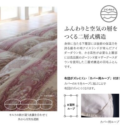 二層キルトアイダーダウン羽毛本掛け布団 シングル ピンク 日本製 お任せカバー付【甲州羽毛ふとん】