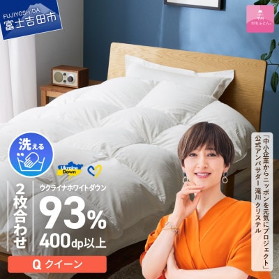 【甲州羽毛2枚合せふとん】手洗いできるウクライナダウン93% ホワイト(クイーン) ふとんカバー付