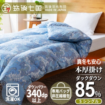 ダウン率85%1.0kg本厚掛け羽毛布団シングル(ブルー系柄おまかせ)【筑後七国羽毛ふとん】