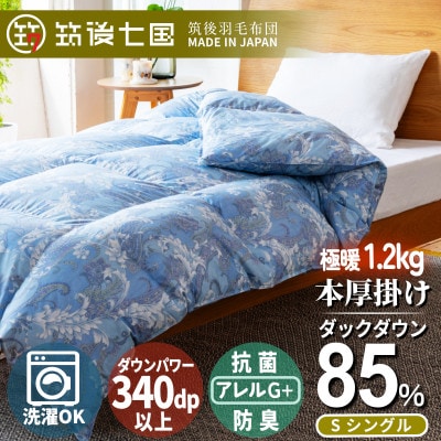 抗菌ダウン85%極暖1.2kg本厚掛け羽毛布団シングル(ブルー系柄お任せ)【筑後七国羽毛ふとん】
