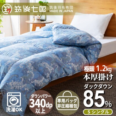 ダウン85%極暖1.2kg本厚掛け羽毛布団シングル(ブルー系柄お任せ)【筑後七国羽毛ふとん】