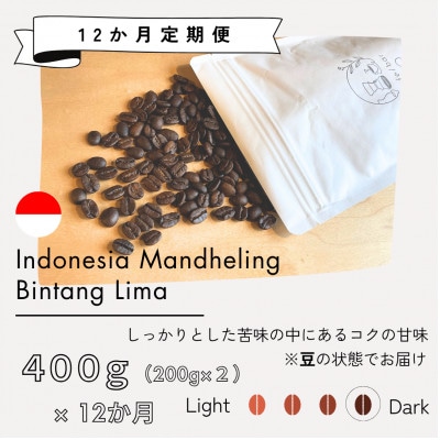 【発送月固定定期便】インドネシア　マンデリン　ビンタンリマ(深煎り)200g×2袋全12回