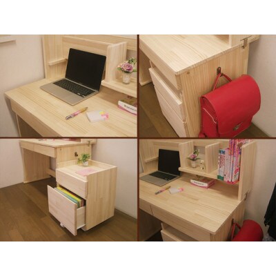 天然木パイン材デスク(学習机)「エル」3点セット
