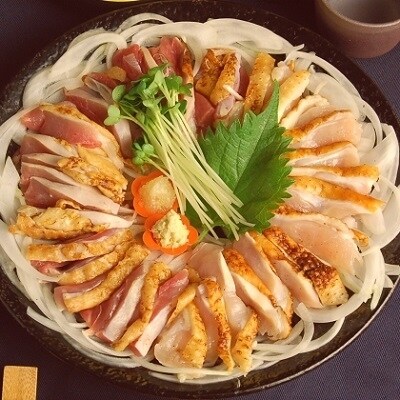 剛火あぶりの若鶏・地鶏さしみ(タタキ)の2種盛合せ2kg 醤油付き