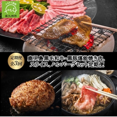 【全3回】鹿児島黒毛和牛・黒豚堪能焼き肉、スライス、ハンバーグセット定期便