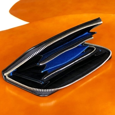 LUEGO 山形牛革 限定モデルラウンド長財布/ブラック×ブルー