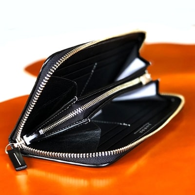 LUEGO 山形牛革 限定モデルラウンド長財布/ブラック×シルバー