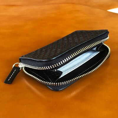 LUEGO 山形牛革 ラウンド小銭入れ/ブラック×シルバー