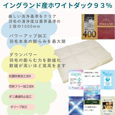 <イングランド産ホワイトダウン93%>羽毛肌布団 シングル ダウンパワー400