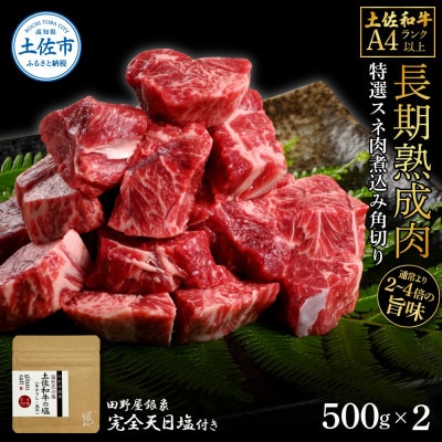 土佐和牛 特選スネ肉煮込み角切り500g×2　田野屋銀象完全天日塩2P付き
