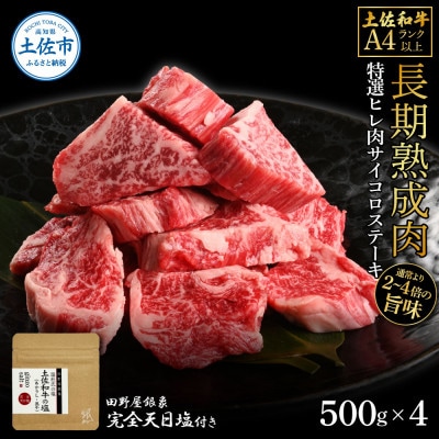 土佐和牛 特選ヒレ肉サイコロステーキ500g×4　田野屋銀象完全天日塩4P付き