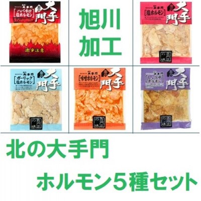 北海道 旭川市 北の大手門 ホルモン 5種セット(塩・味噌・醤油・ハバネロ塩・ガーリック塩)