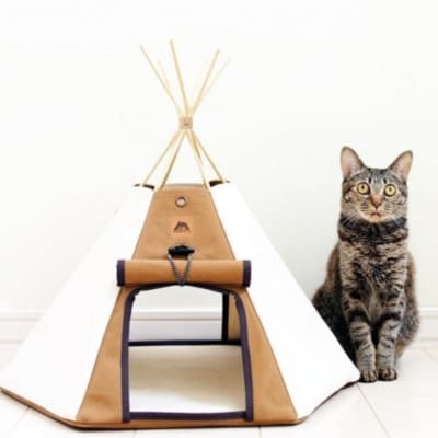 【ネコテント】国産帆布の本格的デザインペットテント(生成×ブラウン)_00374