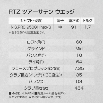 RTZ ツアーサテン ウエッジ【950GH/neo/60度/Mid/S】《2025年モデル》