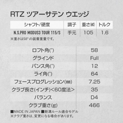 RTZ ツアーサテン ウエッジ【MODUS3/115/58度/Full/S】《2025年モデル》