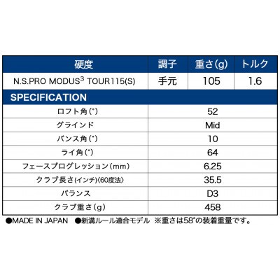 RTZ ツアーサテン ウエッジ【MODUS3/115/52度/Mid/S】《2025年モデル》