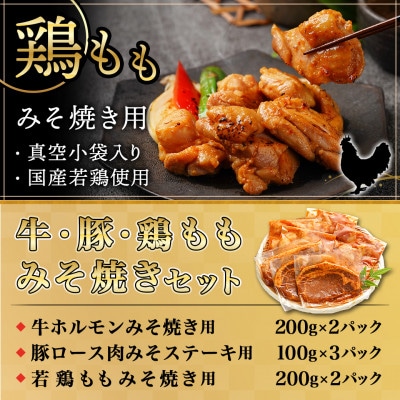 牛・豚・鶏ももみそ焼きセット(牛ホルモン・豚ロース・若鶏もも)(都城市)
