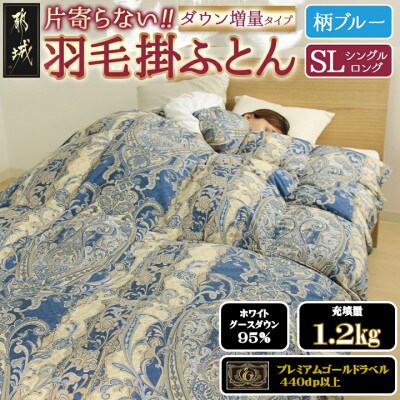 片寄らない羽毛掛布団ホワイトグースダウン95%　シングル1.2kg柄ブルー　ry0212sGB