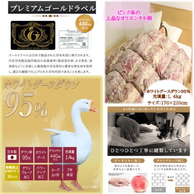 片寄らない羽毛掛布団ホワイトグースダウン95%　セミダブル1.4kg柄ピンク　ry0213sdGP