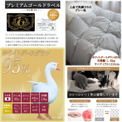 片寄らない羽毛掛布団　ホワイトグースダウン95%　セミダブル1.4kg　グレー　ry0213sdGY