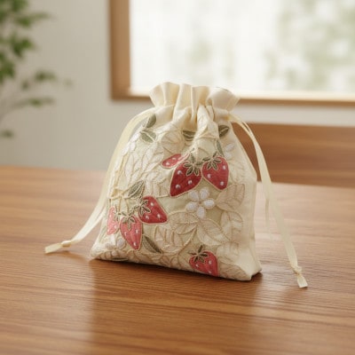 いちごのコード刺繍巾着ポーチ　20x16cm
