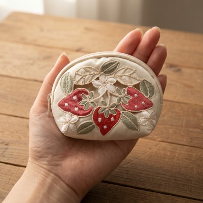 いちごのコード刺繍ミニポーチ　6x10x3cm