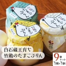 【白石蔵王育ち】竹鶏のたまごぷりん　プレーン・シルキー・ミント各種3個セット[4206-065]