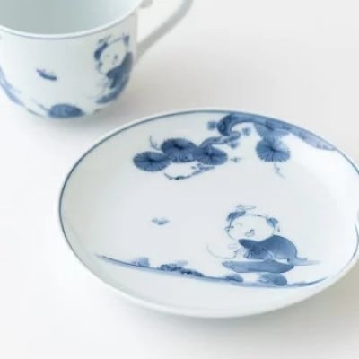 【平戸松山窯】創作唐子一方押珈琲碗皿 計2点 G163