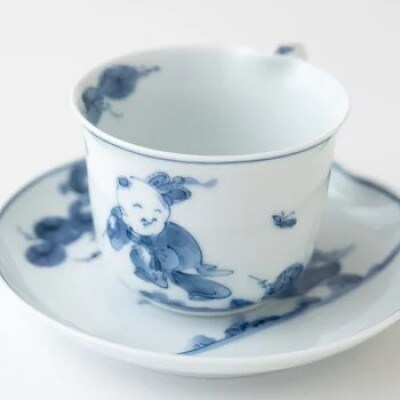 【平戸松山窯】創作唐子一方押珈琲碗皿　2客セット　G164